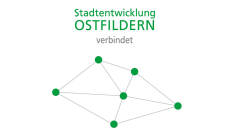 In grüner Schriftfarbe ist Stadtentwicklung Ostfildern zu lesen, darunter in schwarz das Wort verbindet. Es folgt eine Grafik bestehend aus sechs Punkten, die durch ein Liniennetz miteinander verbunden sind. stadtentwicklung